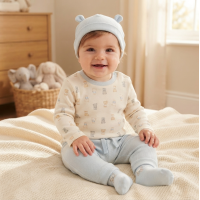 N14755: Baby Boys Waffle Fabric Top, Pant, Hat & Socks Outfit (0-9 Months)